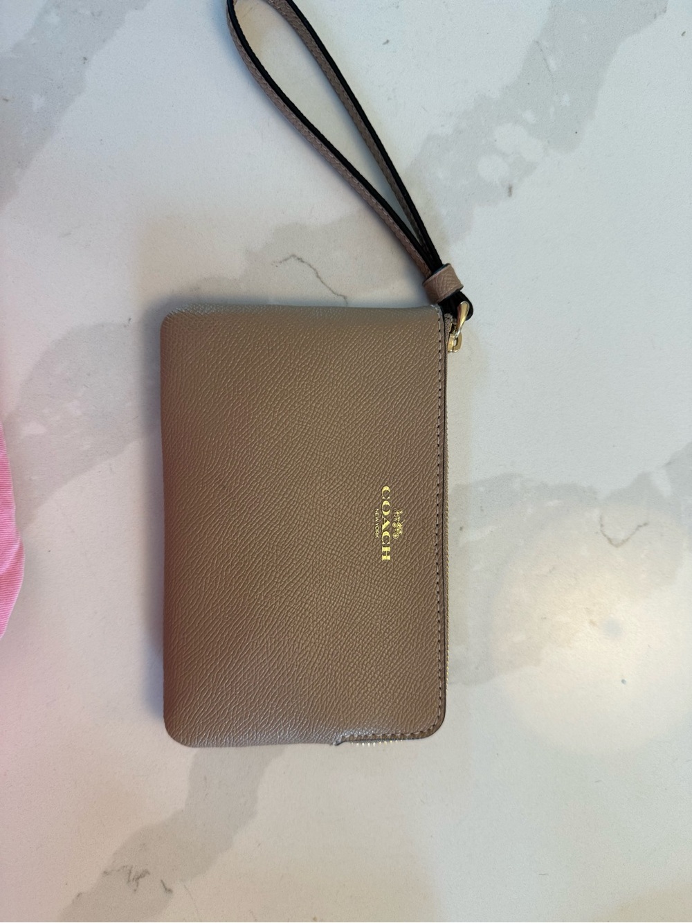 Coach Taupe Leather Zip Wristlet with Gold Logo